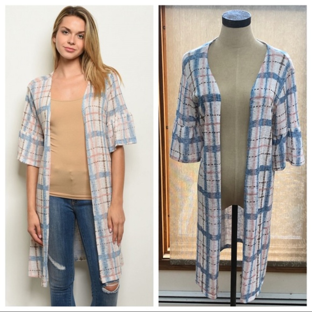 Blue Checkered Ruffle Sleeve Cardigan Light Sweater